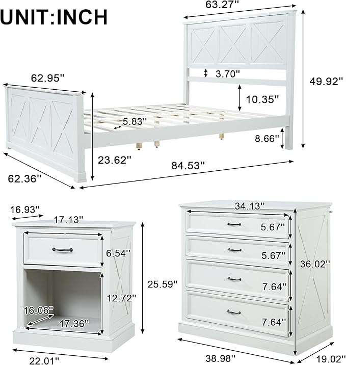 Farmhouse 4-Pieces Bedroom Sets, Queen Size Platform Bed with 2 Nightstands and 4-Drawer Storage, Wooden Bed Frame with Headboard and Footboard, Retro Queen Size Bedroom Set (White-4.13)