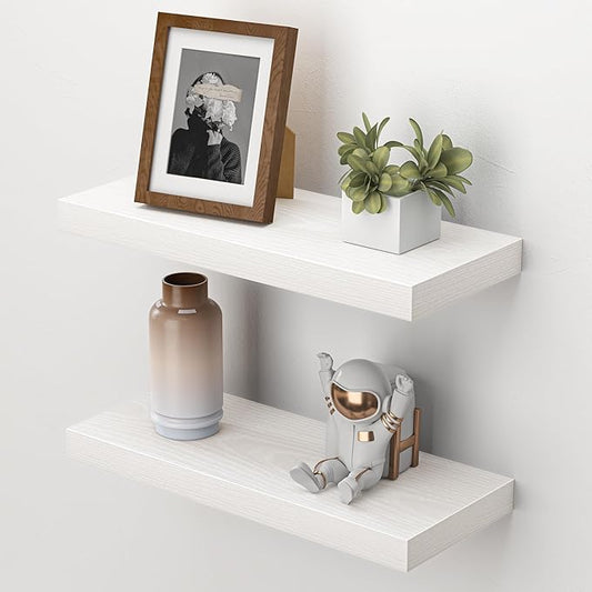 Heimlove Floating Shelves for Wall,16 inchs Shelf for Small Bathroom,Mounted Storage & Display Wood Shelves for Bedroom,Living Room,Kitchen,Office,Set of 2,White