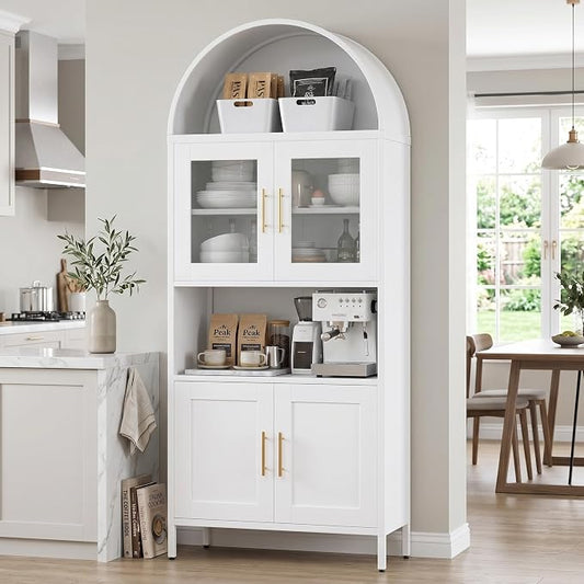 72.8" H Metal Pantry Cabinet with 4 Doors and 2 Adjustable Shelves, White Arched Kitchen Pantry Cabinet with Open Shelf for Kitchen, Dining Room, Assembly Required