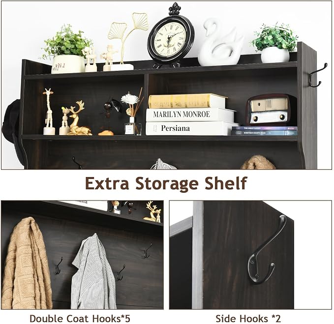 4ever2buy Farmhouse Hall Tree with Bench 5-in-1 Entryway Bench with Coat Rack with Sliding Barn Doors Entryway Coat Rack with Shoe Storage (Oak)