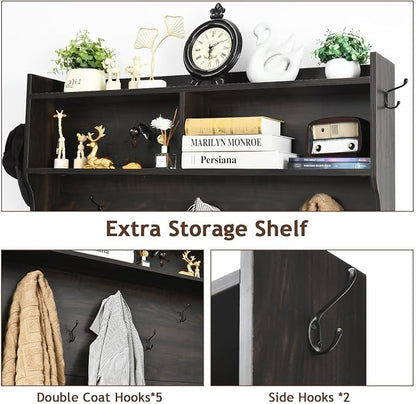 4ever2buy Farmhouse Hall Tree with Bench 5-in-1 Entryway Bench with Coat Rack with Sliding Barn Doors Entryway Coat Rack with Shoe Storage (Oak)