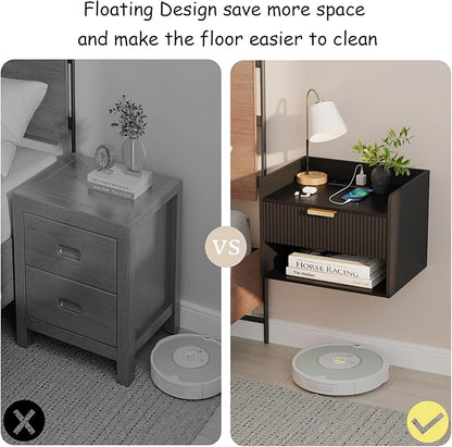 Arbuxzuy Floating Nightstand Set of 2, Wall Mounted Nightstand with Charging Station, Floating Bedside Table with Drawer, Minimalist Wooden Floating Night Stand for Bedroom (Black)
