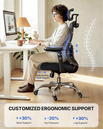HUANUO Ergonomic Office Chair with 6D Armrest, Seat Depth Adjustment, Lumbar Support, Quiet Rubber Caster, High Back Mesh Gaming Chair with 3D Headrest, Big and Tall Chair for Home Office, Pack of 4