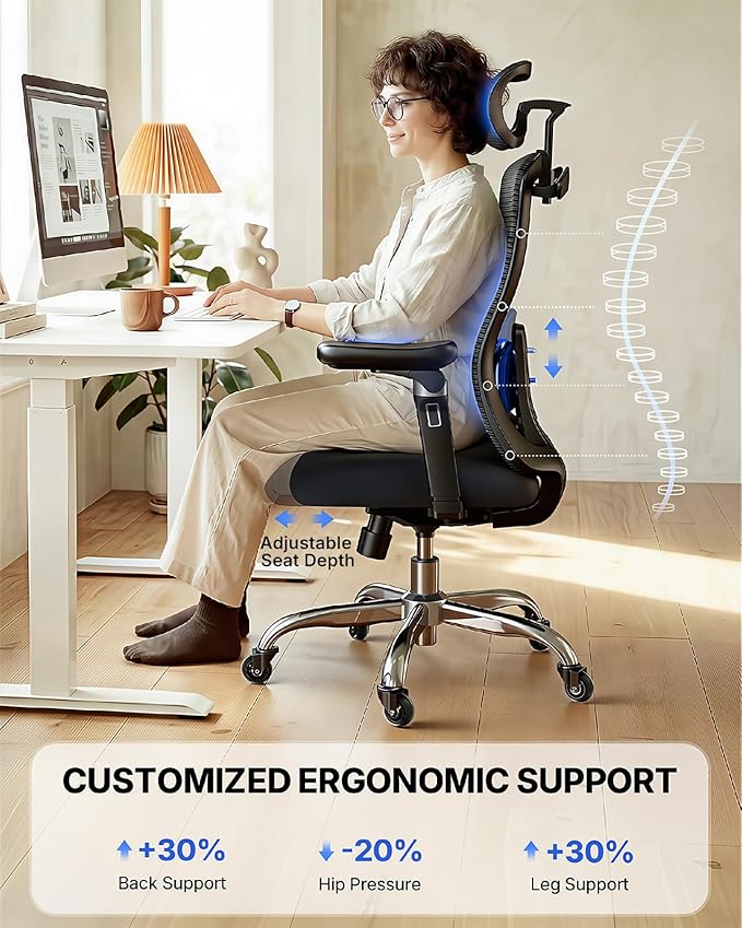 HUANUO Ergonomic Office Chair with 6D Armrest, Seat Depth Adjustment, Lumbar Support, Quiet Rubber Caster, High Back Mesh Gaming Chair with 3D Headrest, Big and Tall Chair for Home Office, Pack of 3