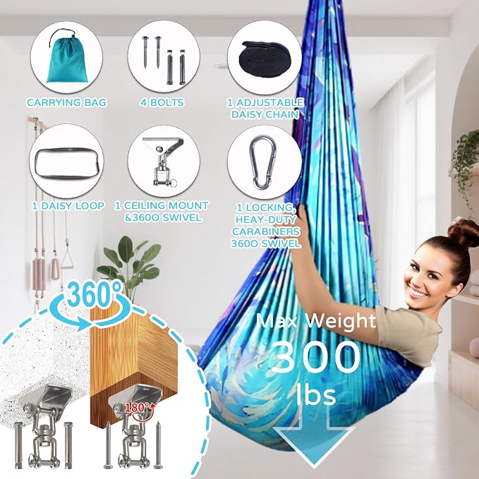 Sensory Swing for Kids and Adults Indoor & Outdoor Double Layer Therapy Cuddle Holds up to 300lbs Adjustable Hammock Chair with 360° Swivel Hanger Kit Effect for Aspergers Autism ADHD(Cerulean)