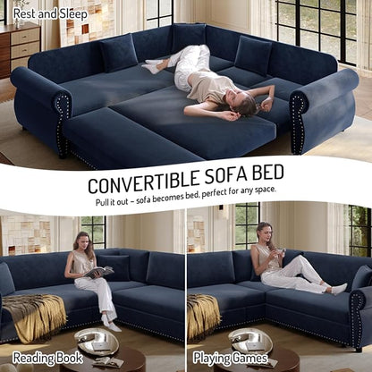 88.2" Sectional Sleeper Sofa with Pull Out Bed - Oversize L-Shaped Convertible Sleeper Couch Bed, Button Tufted Chesterfield Sofa, Chenille Vintage Couches for Living Room/Apartment(4-Seater, Blue)