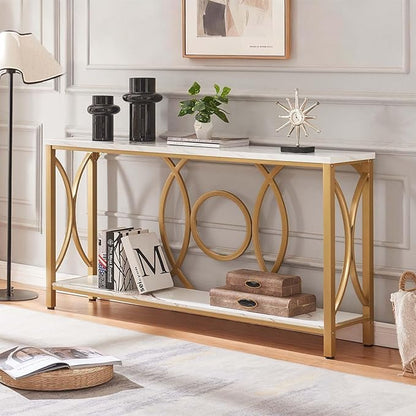 HOMISSUE Sofa Console Table, Modern Gold Console Table with Faux Marbled Tabletop, Engineered Wood Entryway Tables with 2 Tier Storage, Narrow Sofa Table for Living Room, Hallway (55 Inch, White&Gold)