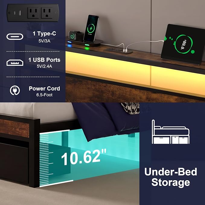 Twin Bed Frame with 2 Drawers and Storage Headboard, Metal Platform with LED Lights and Charging Station, No Box Spring Needed, Noise Free, Easy Assembly