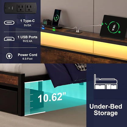 Twin Bed Frame with 2 Drawers and Storage Headboard, Metal Platform with LED Lights and Charging Station, No Box Spring Needed, Noise Free, Easy Assembly