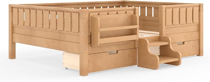 Bellemave Full Size Kids Bed with high Rails and with Built-in Bookshelf and Drawers for Kids, Girls, Boys, Wood Montessori Bed Without Door, Light Natural
