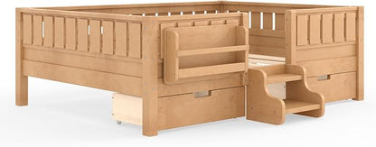 Bellemave Full Size Kids Bed with high Rails and with Built-in Bookshelf and Drawers for Kids, Girls, Boys, Wood Montessori Bed Without Door, Light Natural