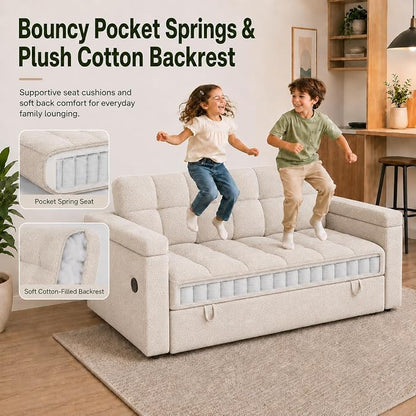 65'' Sleeper Sofa Bed, Pull Out Couch with Side Table | USB Charging Port | Adjustable Backrest | Chenille Fabric, Convertible Loveseat for Living Room, Apartment, Small Spaces (Beige)