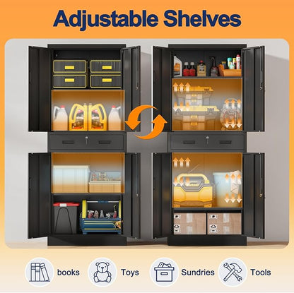 Wanfu Metal Storage Cabinet, 71" H x 28" W x 16" D Locking Storage Cabinet with Adjustable Shelves and 1 Drawer, Steel Cabinet for Office, Garage, Home, School, Utility (Black)