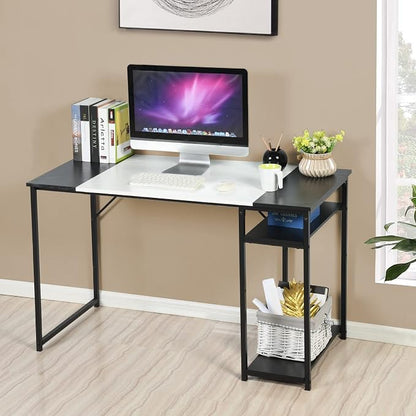 FurnitureR Computer Desk with Shelves for Small Spaces Simple Home Office Desk Study Writing Office Table Laptop PC Writing Desks (White, 55.1 Inch)