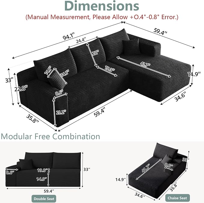 95" Modular Sectional Sofa, Modern Corduroy Cloud Couch with Side Pockets, Boneless Couch Upholstered 3-Seater L-Shaped Sofa for Living Room, No Assembly Required (Black,Right-Facing Chaise)