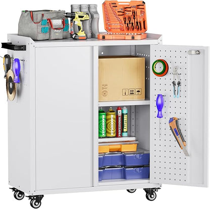 Aobabo 31.5" H Garage Storage Cabinet with Wheels,Lockable Metal Storage Cabinet with 2 Doors for Garage Home Office Storage,White,Assembly Required