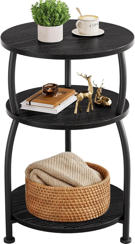 Round Side Table, 3-Tier End Table with Storage Shelf, 15.7" Wide Nightstand for Small Spaces, Tall Sofa Table Capable of Holding Laptops & Lamps, Bedside Table for Bedroom & Living Room, Black