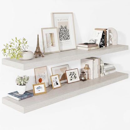 Vivelove 12 Inch Deep Floating Shelves 55 inch Long, 2 Inch Thick Wall Shelves with Invisible Brackets, Shelf for Bedroom Bathroom Living Room Kitchen Office Home, Modern Shelf Set of 2, White Birch