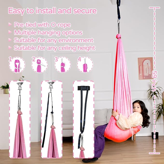 Sensory Swing for Kids and Adults Indoor & Outdoor Double Layer Therapy Cuddle Holds up to 300lbs Adjustable Hammock Chair with 360° Swivel Hanger Kit Effect for Aspergers Autism ADHD(Fantasy Pink)
