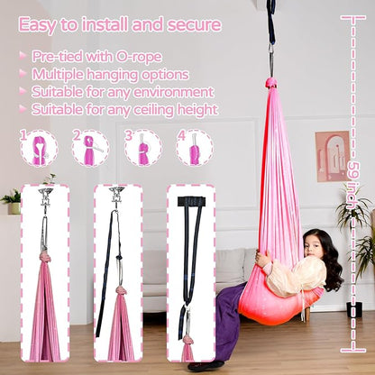 Sensory Swing for Kids and Adults Indoor & Outdoor Double Layer Therapy Cuddle Holds up to 300lbs Adjustable Hammock Chair with 360° Swivel Hanger Kit Effect for Aspergers Autism ADHD(Fantasy Pink)