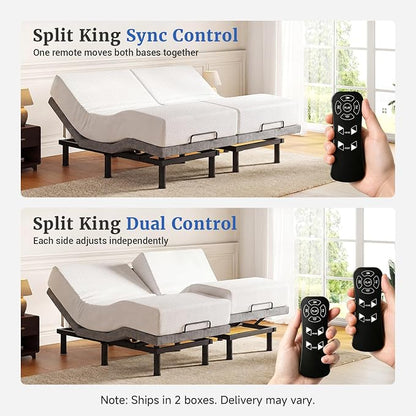 Tami Tami T450 Adjustable Bed Frame Split King Size with Remote & Nightlight - Syncable Electric Beds Bases with Head & Foot Incline, Zero Gravity, 3 height-adjustable legs, Quiet Motor, Easy Assembly