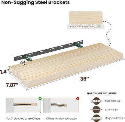 Vivelove Natural Wood Floating Shelves 36”，8 inch Deep Floating Shelf with Invisible Brackets, Unfinished Wall Shelves for Living Room, Bathroom, Kitchen, Bedroom, Home Decor, Set of 2 - Natural