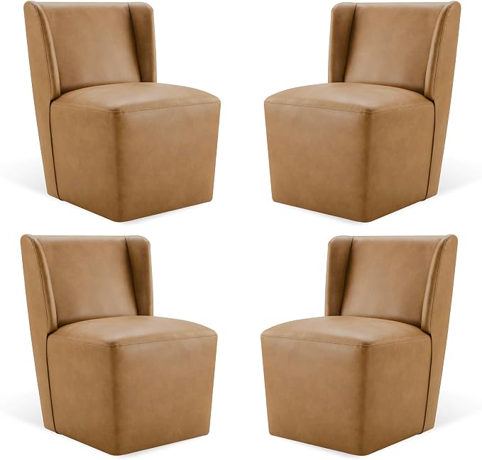 KISLOT Upholstered Dining Chairs Set of 4 with Casters, Wingback Modern Side Armless Deskchair with Rollers for Diningroom Bedroom Livingroom Reading Room, Brown Faux Leather