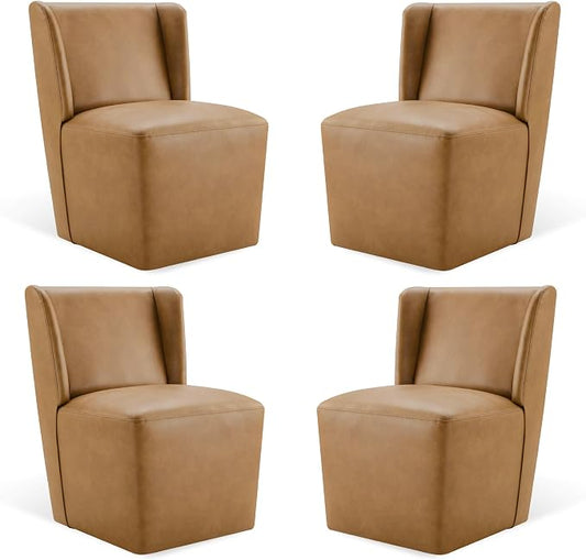 KISLOT Upholstered Dining Chairs Set of 4 with Casters, Wingback Modern Side Armless Deskchair with Rollers for Diningroom Bedroom Livingroom Reading Room, Brown Faux Leather