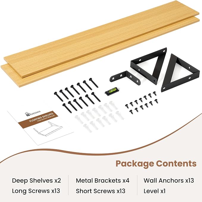 Axeman 48'' x 8'' Oak Floating Shelves for Wall with Brackets Set of 2 | 48 Inch Oak Book Shelf for Living Room Bedroom, Includes Mounting Hardware, Holds up to 45Lbs