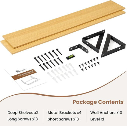 Axeman 48'' x 8'' Oak Floating Shelves for Wall with Brackets Set of 2 | 48 Inch Oak Book Shelf for Living Room Bedroom, Includes Mounting Hardware, Holds up to 45Lbs