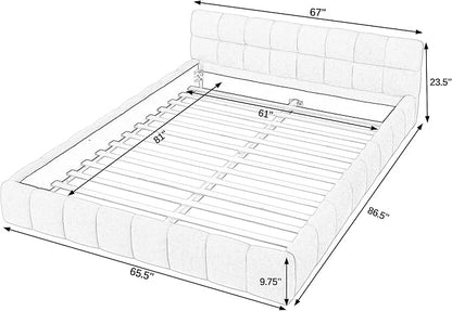 KEIKI Queen Thick Chenille Platform Bed Frame with Upholstered Tufted Headboard, Modern Solid Wood Floor Platform for Bedroom, No Box Spring Needed