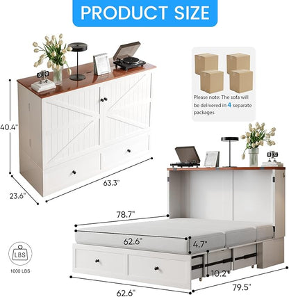 PUREMIND Murphy Bed Queen with Mattress Included, Farmhouse Frame Cabinet Beds Chest with Charging Station & Storage Drawers, Convertible Hideaway Cabinet Bed for Guest Room, White
