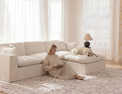 115" Modular Sectional Sofa – Modern Cloud Couch with Deep Chenille Seats, L-Shape Boneless Couch for Living Room, No Assembly, Warm White (3 Seater + 1 Ottoman)