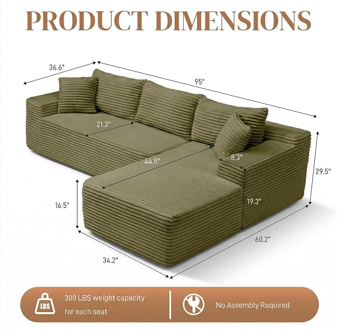 95" L Shaped Cloud Boneless Sectional Couches for Living Room, Modern Comfy Modular Deep Seat Memory Foam Compressed Corduroy Sofa Oversized Right Facing Chaise, No Assembly Required, Green