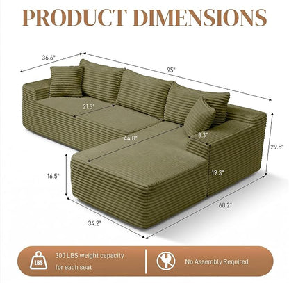 95" L Shaped Cloud Boneless Sectional Couches for Living Room, Modern Comfy Modular Deep Seat Memory Foam Compressed Corduroy Sofa Oversized Right Facing Chaise, No Assembly Required, Green