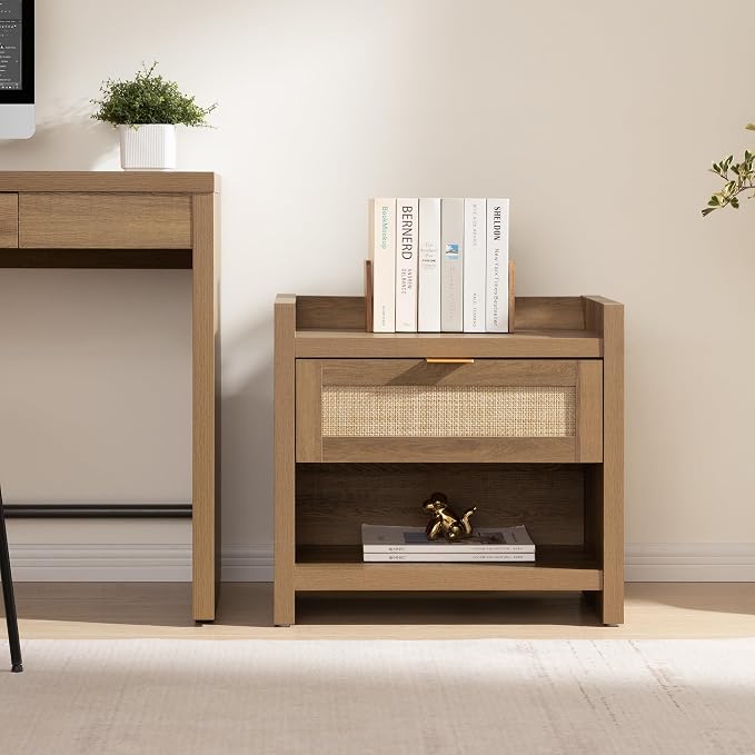 SICOTAS Night Stand Bed Side Table - Rattan Nightstand with Type-C Charging Station,Drawer Storage End Table - Boho Bedside Night Stands for Bedroom - Natural Oak