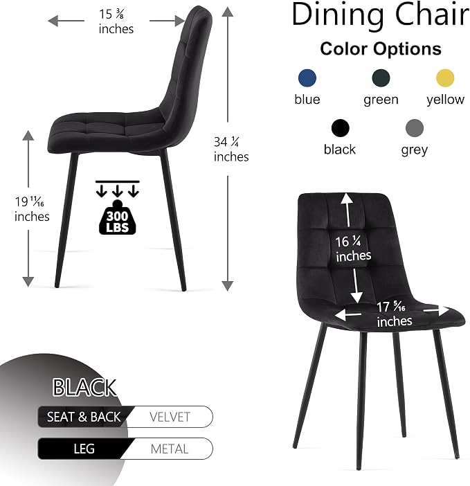 NORDICANA Black Dining Chairs Set of 4, Modern Kitchen & Dining Room Chairs for 4, Upholstered Velvet Cushion Seat and Metal Legs (4 Black Chairs)
