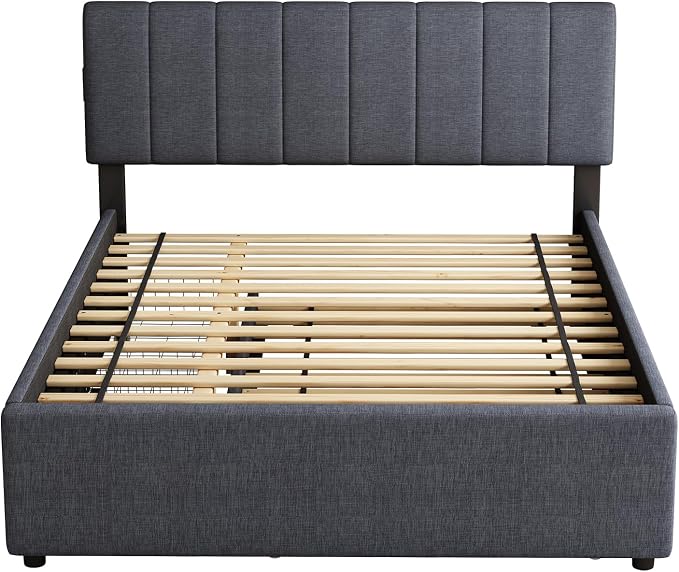 Queen Size Upholstered Platform Bed w/Trundle Bed & 2Storage Drawers | Twin Size Trundle,Two Drawers,LED Lighting Controlled by APP, USB+Type-C Charging Ports,Linen Upholstered Bed Frame,Dark Grey