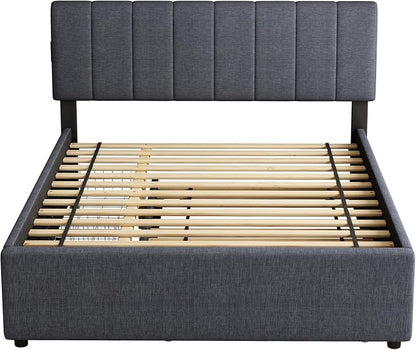 Queen Size Upholstered Platform Bed w/Trundle Bed & 2Storage Drawers | Twin Size Trundle,Two Drawers,LED Lighting Controlled by APP, USB+Type-C Charging Ports,Linen Upholstered Bed Frame,Dark Grey