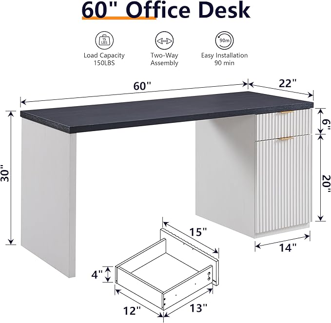 60" Fluted Home Office Desk, Reversible Left‑Right Cabinet, Built‑in Outlet | Reversible design lets you fix the cabinet on left‑hand or right‑hand side to fit your room layout