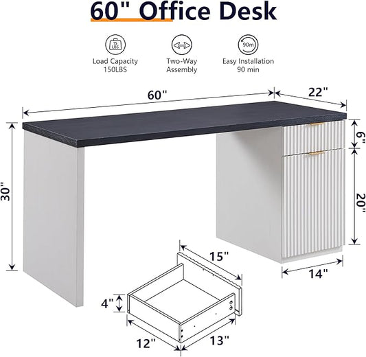 60" Fluted Home Office Desk, Reversible Left‑Right Cabinet, Built‑in Outlet | Reversible design lets you fix the cabinet on left‑hand or right‑hand side to fit your room layout