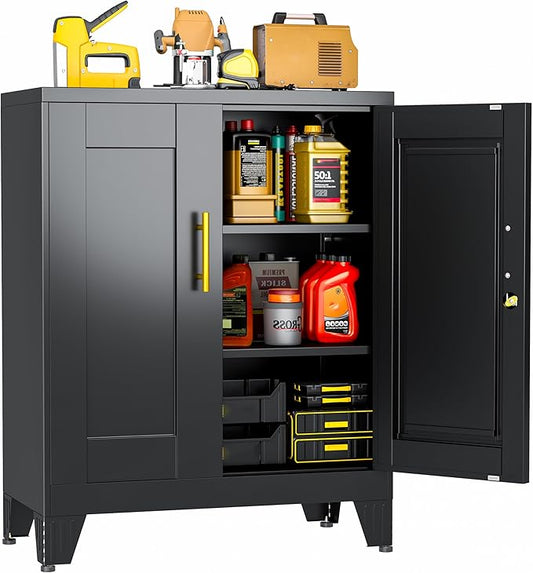 Metal Tool Storage Cabinet with Doors and Adjustable Shelves, Small Locking Garage Storage Cabinet, Black Steel Tool Cabinets with Leveling Feet for Garage, Basement, Office, Utility Room