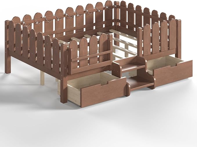 Bellemave Full Size Montessori Bed with Stairs, Lights, Rails and Slats, Full Size Montessori Floor Bed with Bookshelf and 2 Storage Drawers, Easy Assemble Beds Frame for Girls, Boys, Natural