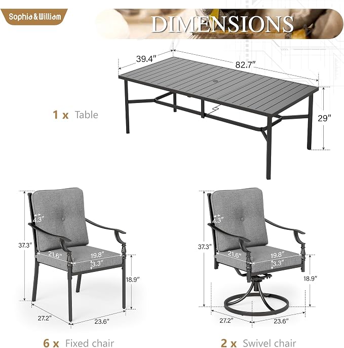 Sophia & William 9pc Outdoor Dining Set,Cushions Heavy Duty Steel Frame | 3.2"Premium Cushions,weather resistant, rainproof, UV resistant, and easy to clean