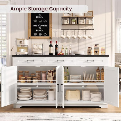 usikey Large Sideboard Buffet Cabinet with 4 Doors and 3 Drawers, Farmhouse Buffet Table, Dining Room Storage Cabinet for Kitchen or Living Room, White