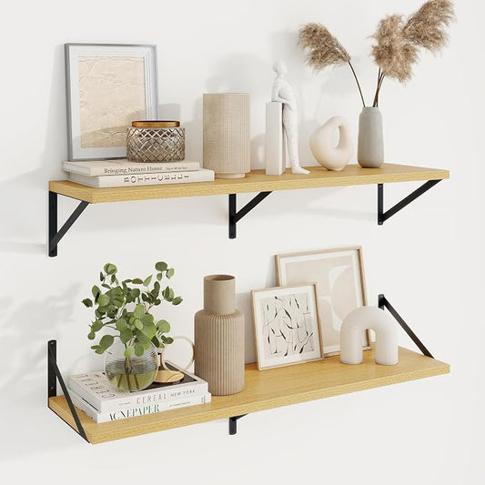 Axeman Deep Floating Shelves | 36 Inch Oak Wall Shelves Set of 2 | 10 Inch Deep Wood Floating Shelves for Wall | 36" W x 10" D Oak Shelves for Living Room Bathroom Kitchen