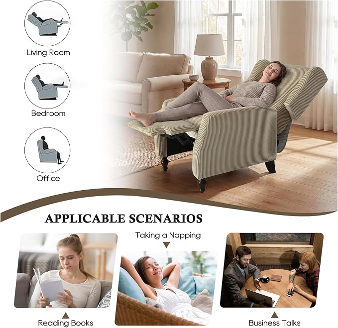 Upholstered Wingback Recliner Chair, Cozy Corduroy Manual Push Back Recliner for Living Room, Bedroom (1, Khaki)