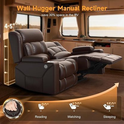 RV Loveseat Recliner Sofa, Wall Hugger Reclining Loveseat RV Couch with USB Ports, Large Pockets, Cup Holders, 150° Adjustable RV Recliners Furniture for Travel Trailers & Home Theater Seating