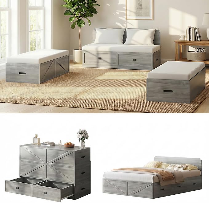 CECER 3-in-1 Full Murphy Bed with Mattress for Small Space -Grey | Multi-Functional Desgin that Converts to Sofa Set，Bed and Cabinet，Easy Assemble ＆ Conversion