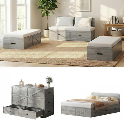 CECER 3-in-1 Full Murphy Bed with Mattress for Small Space -Grey | Multi-Functional Desgin that Converts to Sofa Set，Bed and Cabinet，Easy Assemble ＆ Conversion
